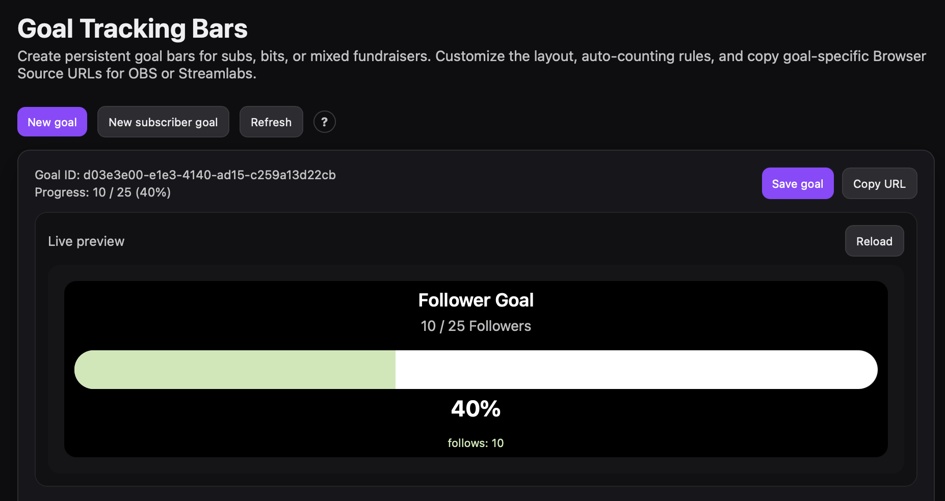 Goal bar configurator with live preview and appearance controls