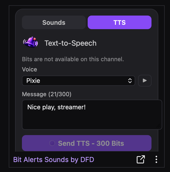 Text-to-Speech panel view with voice selection and message input