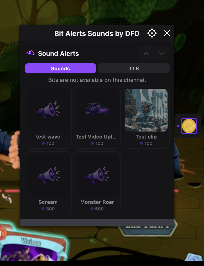 Bit Alerts component overlay — viewers browse and redeem sounds without leaving the video