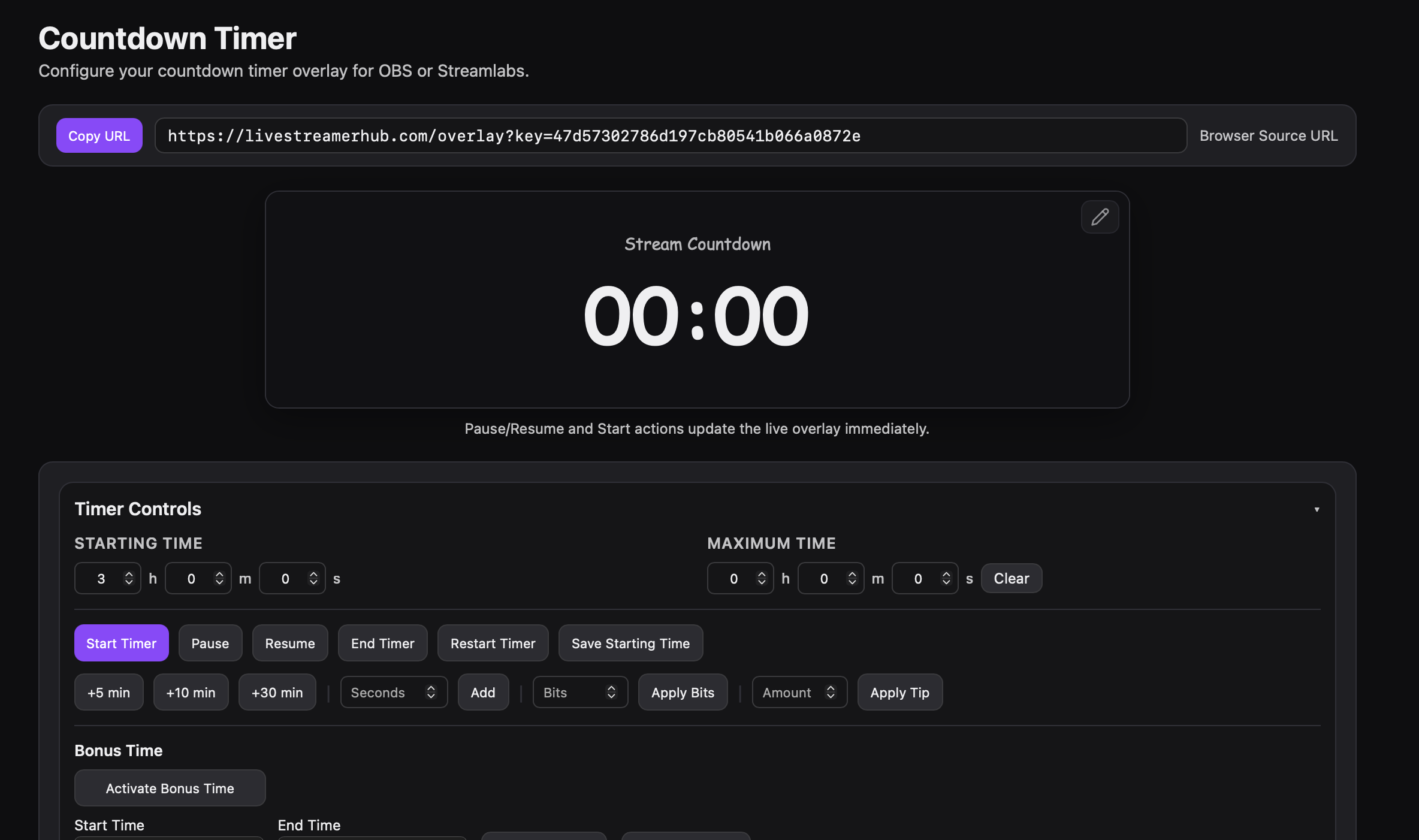 Timer overlay configurator with live preview and controls