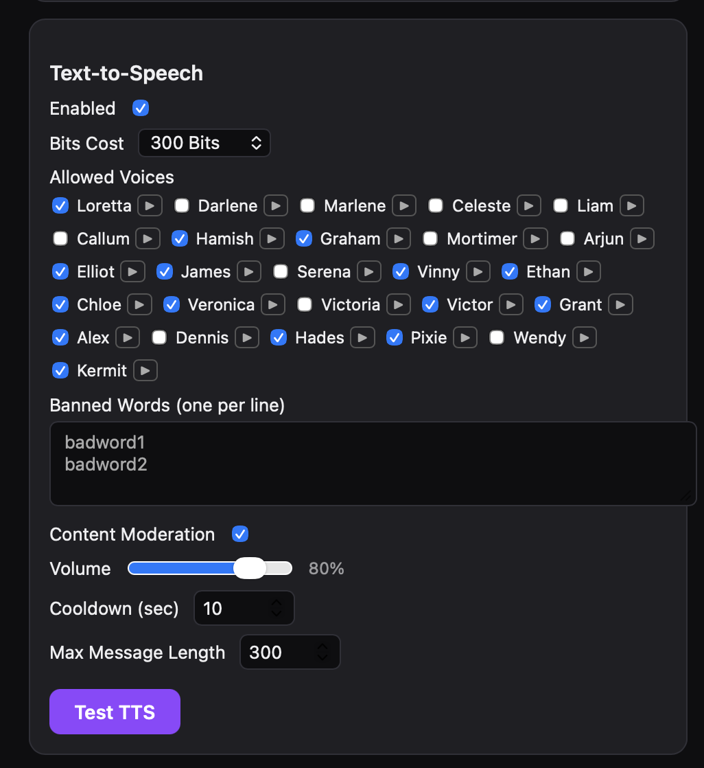 TTS configuration — voices, moderation filters, banned words, and cooldowns