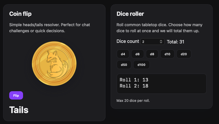 Coin flip and dice roller utilities